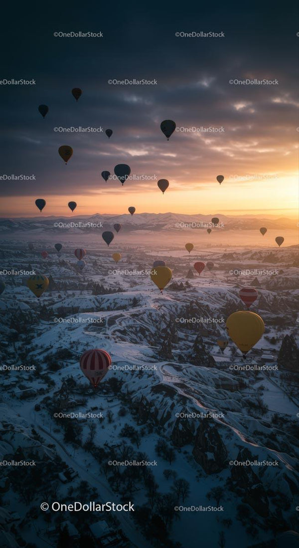 Hot Air Balloons at Sunrise Over Snowy Cappadocia