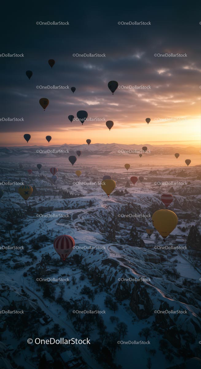 Hot Air Balloons at Sunrise Over Snowy Cappadocia