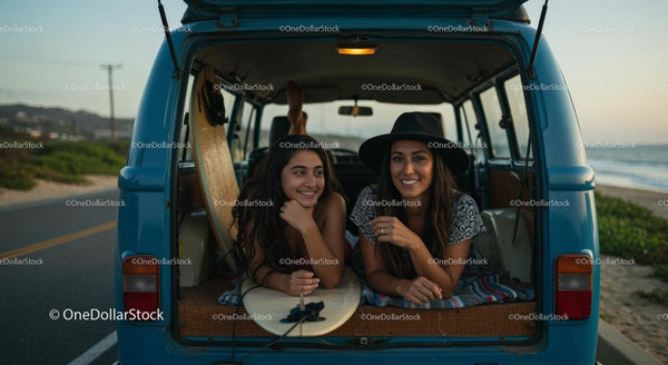 Friends Enjoying a Beach View from Vintage Van