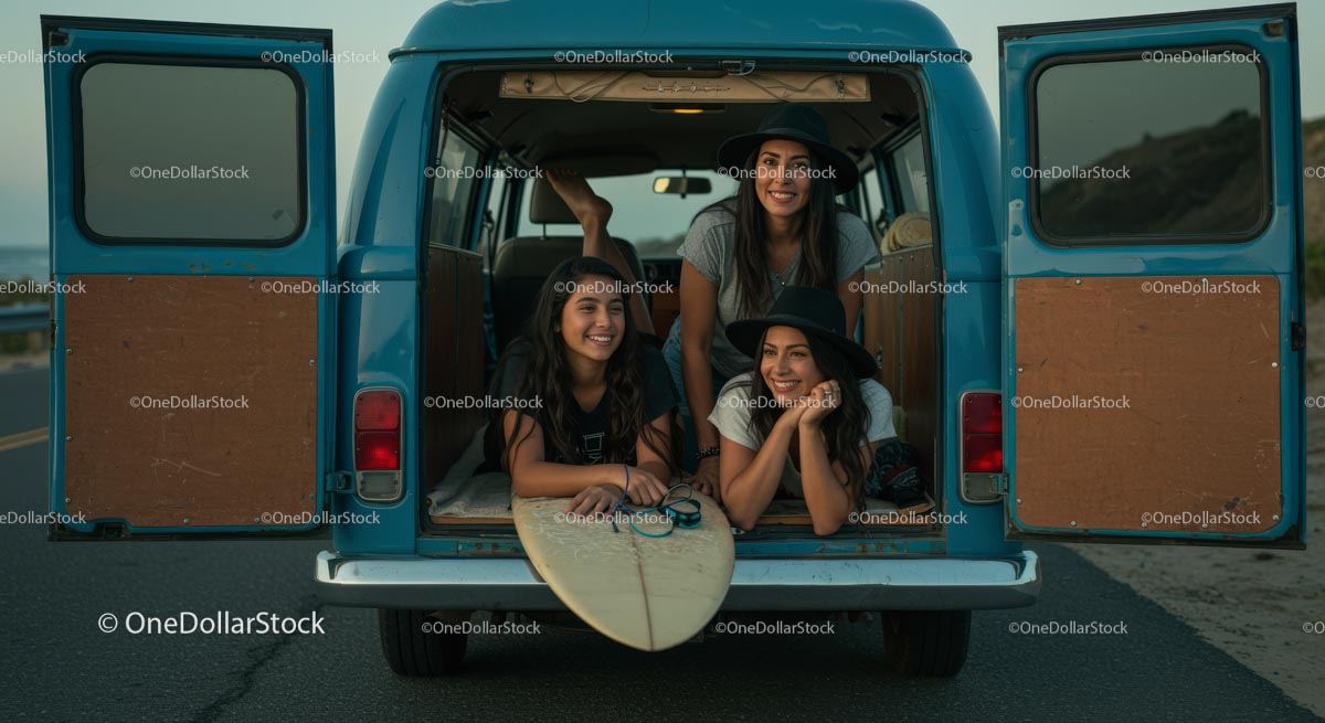 Friends Enjoying a Road Trip in a Blue Van