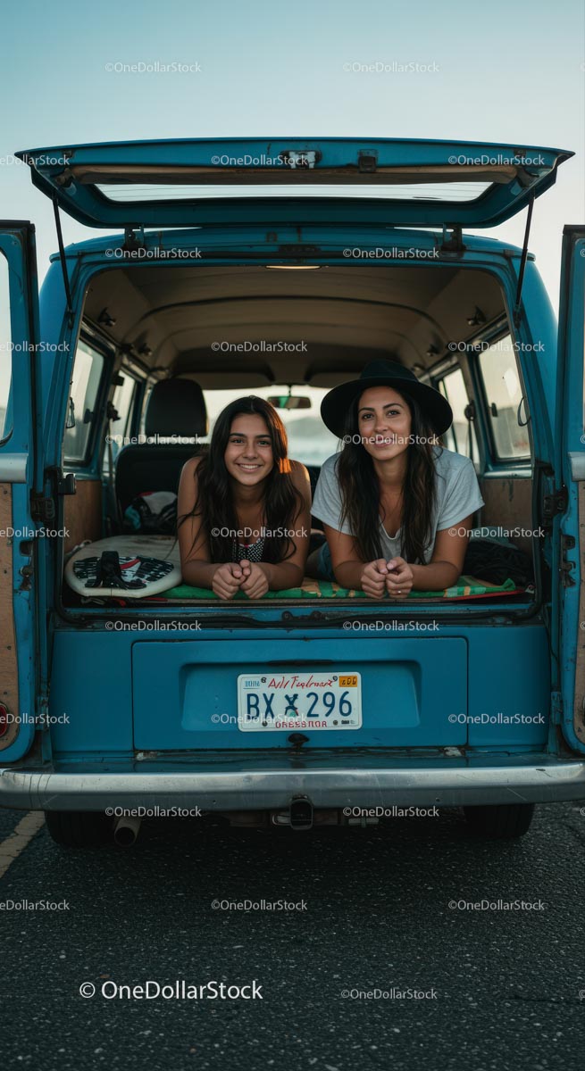 Two Friends Enjoying Road Trip in Vintage Blue Van