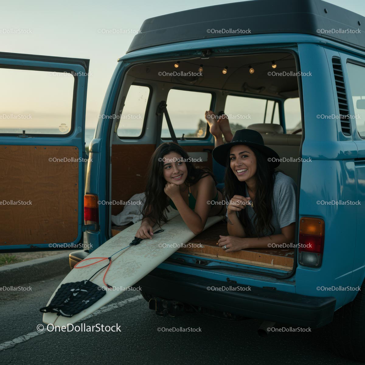 Two Friends Relaxing with Surfboard in Vintage Van
