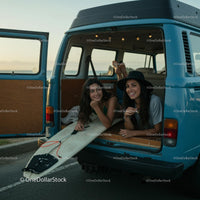 Two Friends Relaxing with Surfboard in Vintage Van