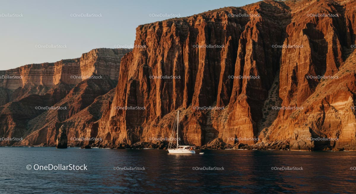 Sailing Boat Along Majestic Rocky Cliffs at Sunset