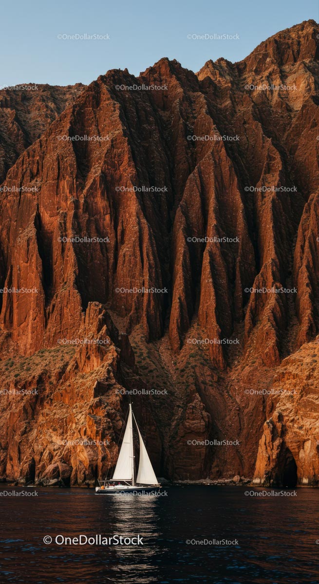 Sailing Yacht Beneath Majestic Red Rock Cliffs