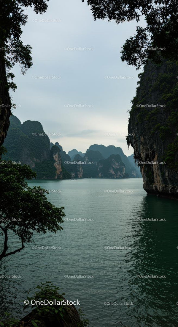 Serene Bay with Majestic Limestone Cliffs and Lush Greenery