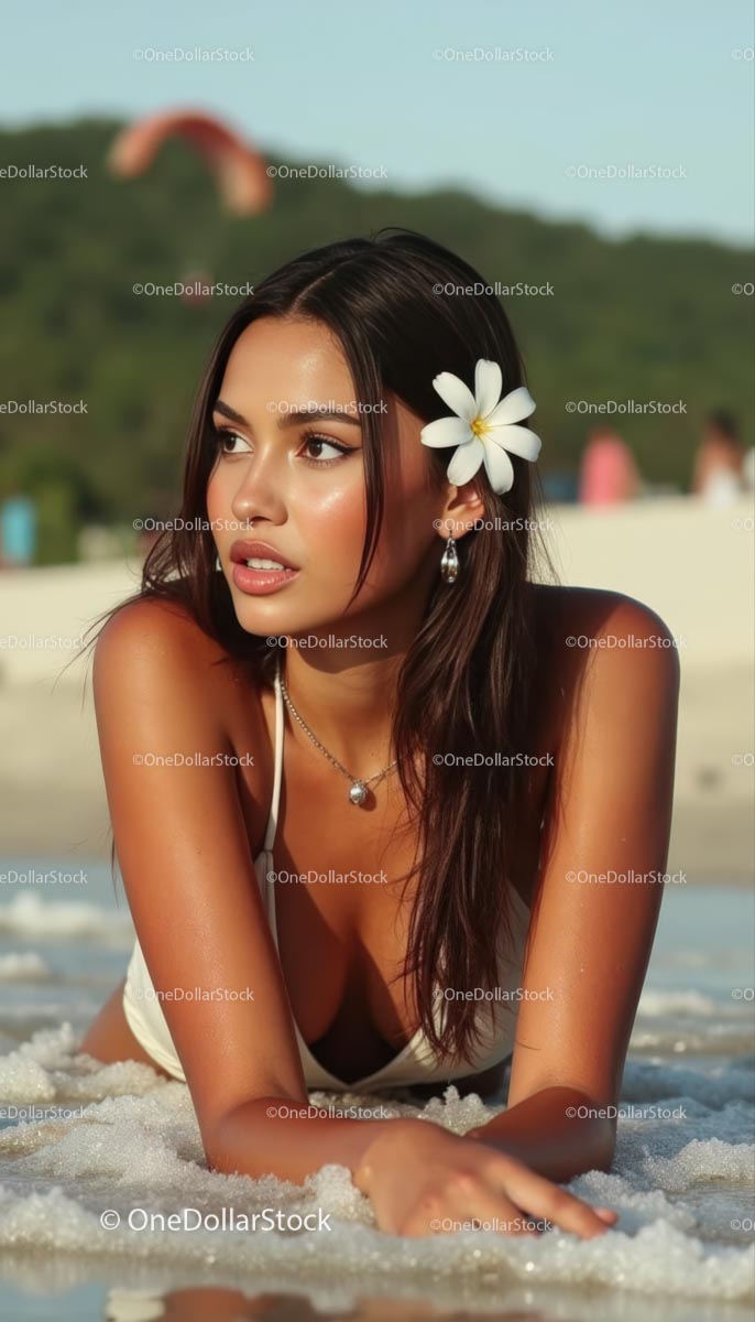 Young Woman Relaxing on Sunny Beach with Tropical Flower
