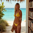 Smiling Woman in Yellow Bikini by Tropical Beach