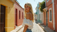 Blonde Woman Strolling Down a Vibrant Colorful Street