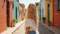 Blonde Woman Enjoying Bright and Colorful Urban Street