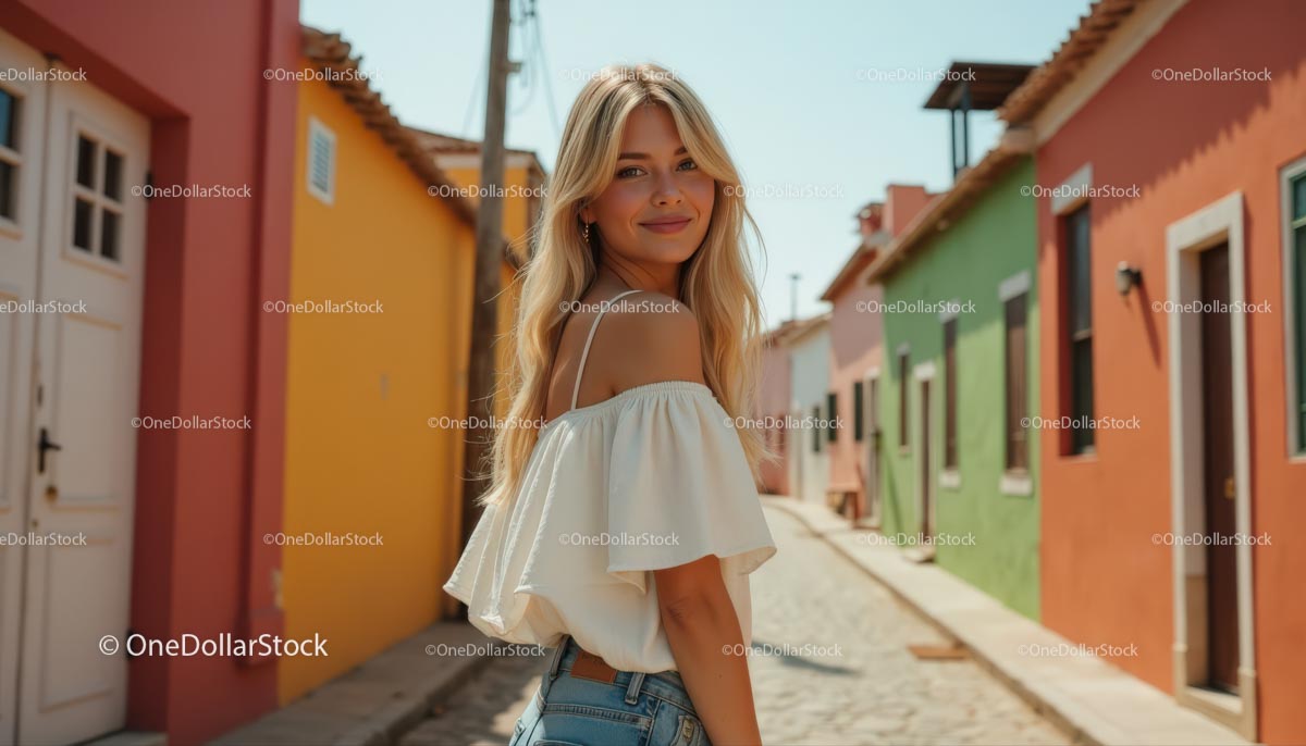 Smiling Woman Walking Through Vibrant Colorful Street
