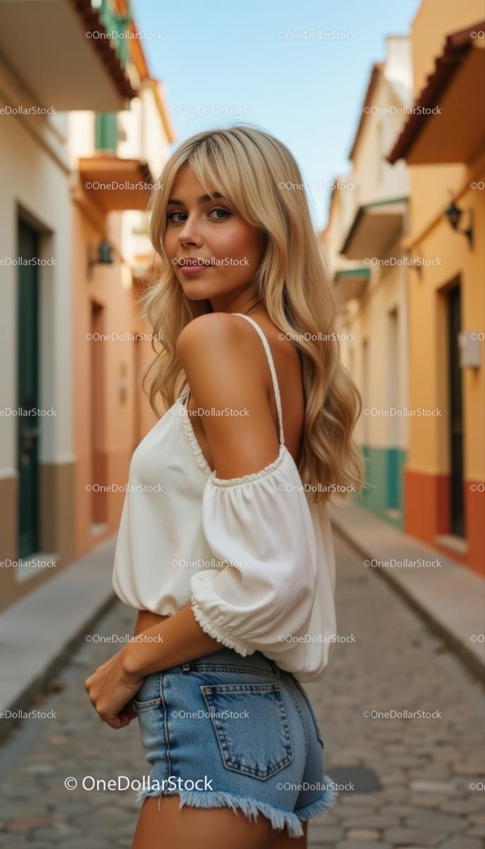 Blonde Woman in Casual Summer Attire on Cobblestone Street