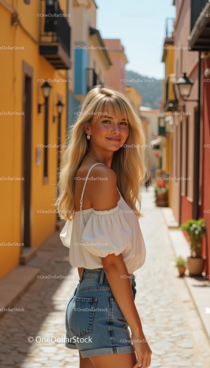 Smiling Woman Strolling Along Vibrant Urban Street