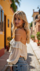 Blonde Woman in White Off-Shoulder Top on Sunny Street