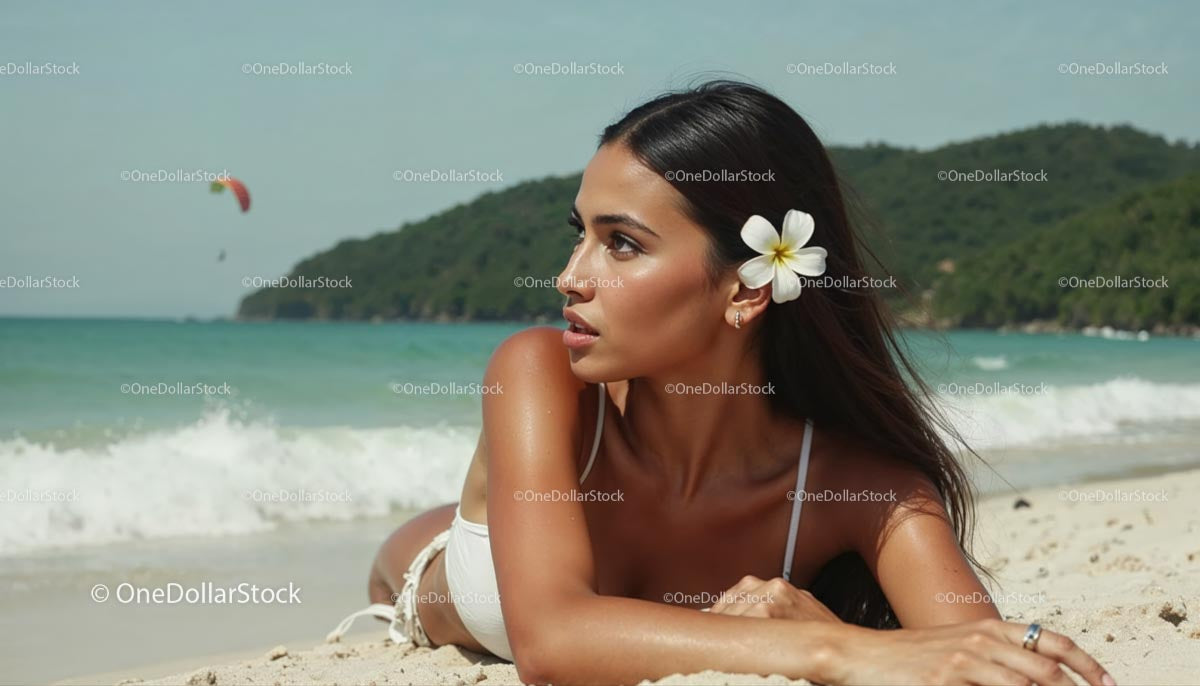 Woman Relaxing on Tropical Beach with Plumeria Flower