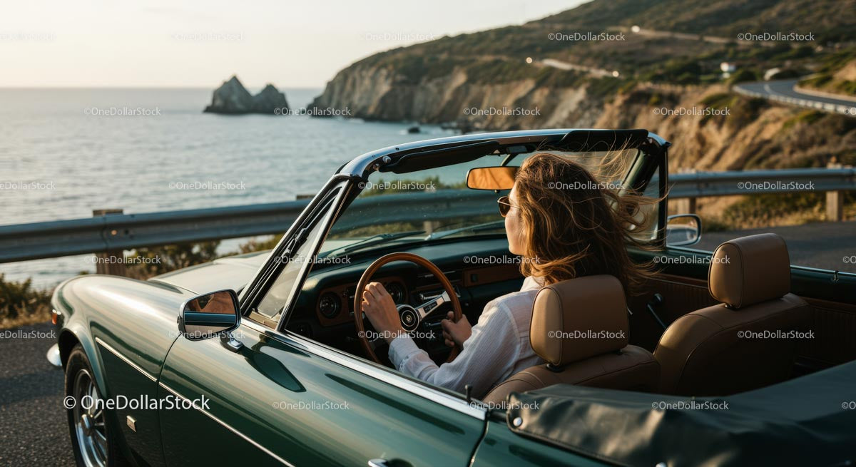 Friends on a Coastal Road Trip in Convertible Car