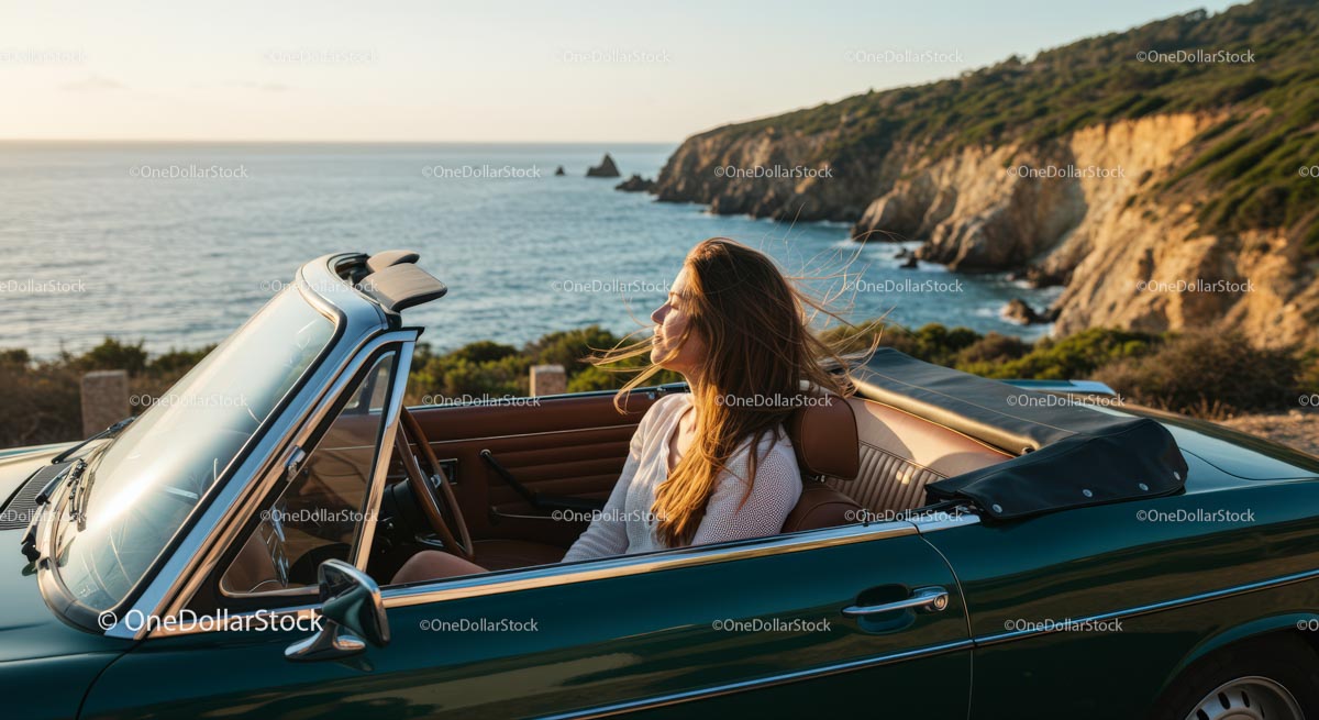Woman Enjoying a Coastal Drive in Convertible at Sunset