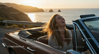 Two Women Driving Vintage Convertible by Ocean