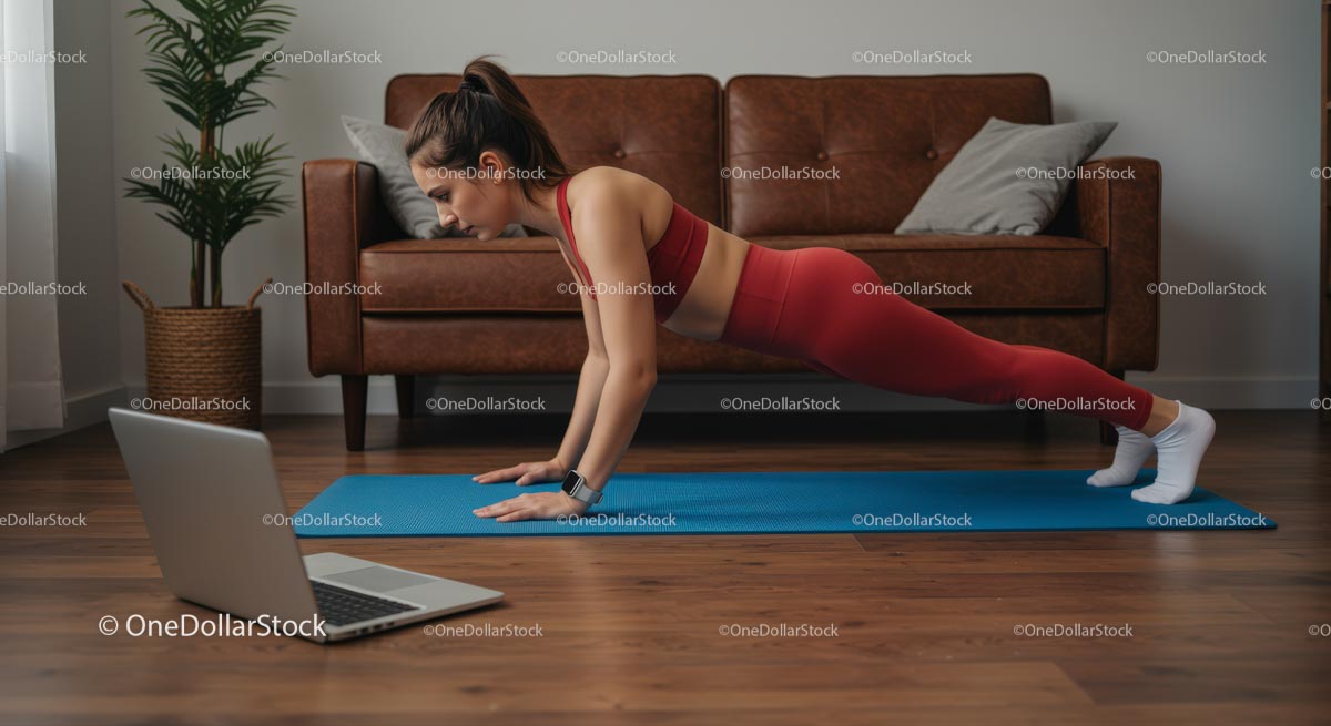 Woman in Plank Position on Blue Yoga Mat During Home Workout