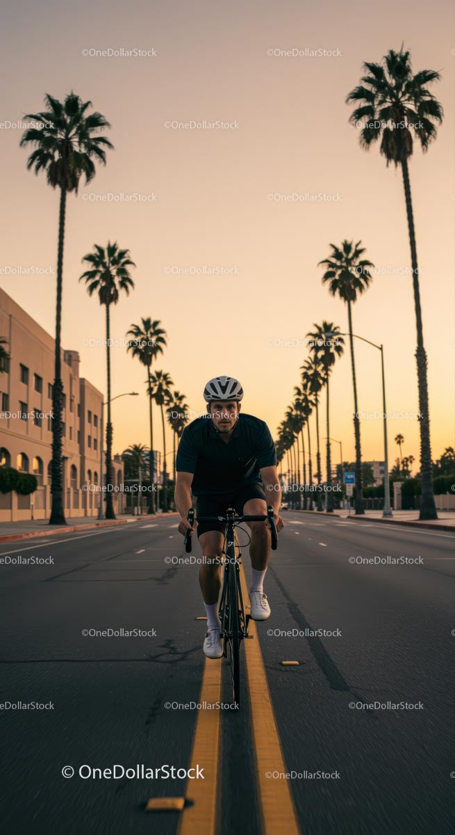 Cyclist Riding Down a Palm-Lined Street at Sunset