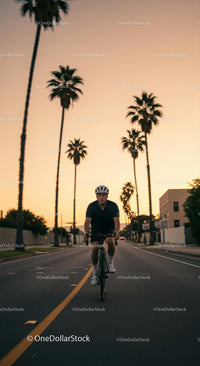 Cyclist Riding Through Palm-Lined Streets at Sunset
