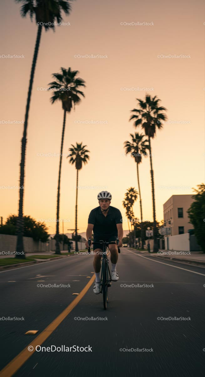 Cyclist Riding Through Palm-Lined Streets at Sunset