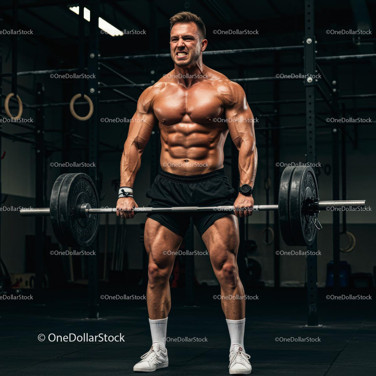 Muscular Man Performing Intense Deadlift in Gym