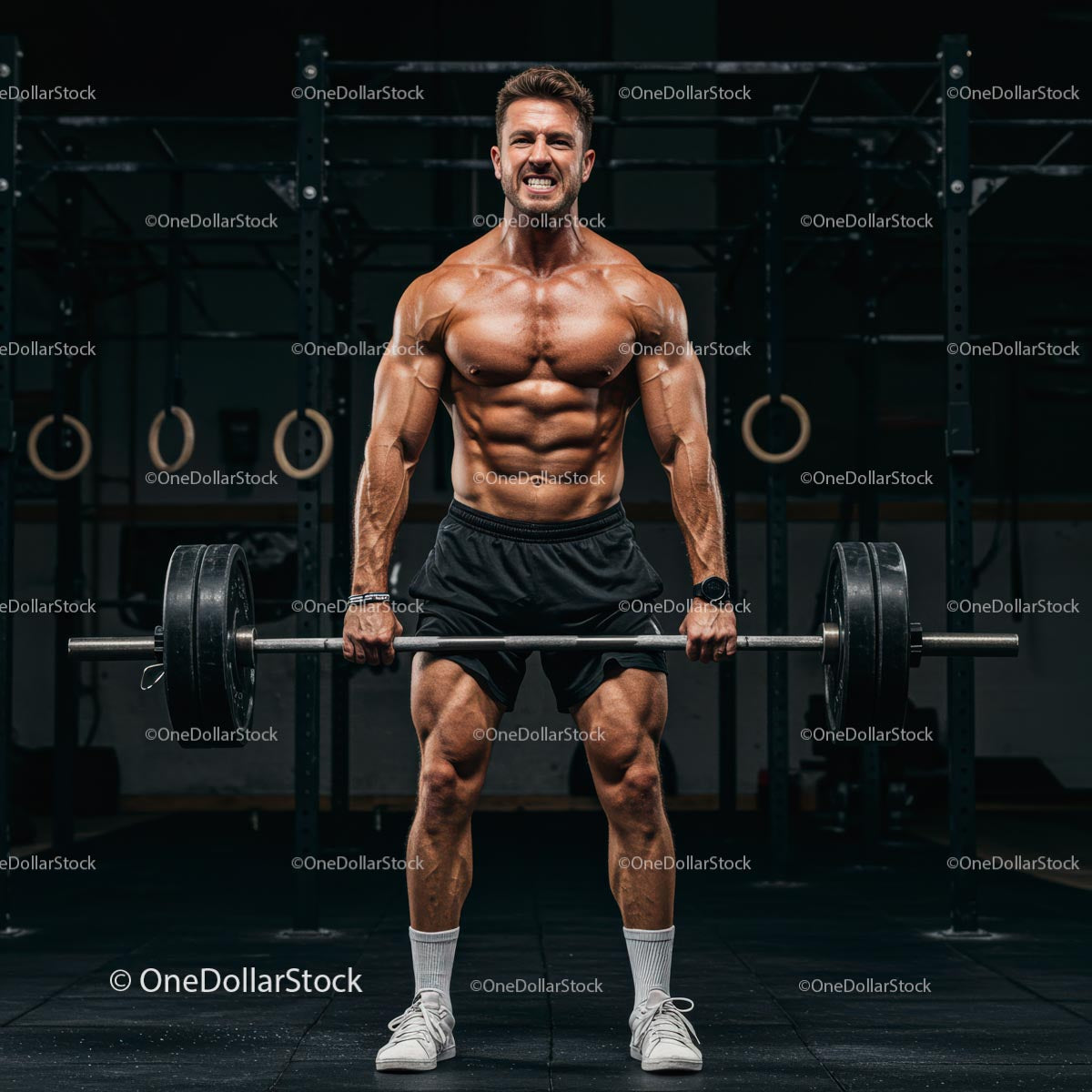 Muscular Man Deadlifting in Intense Gym Setting