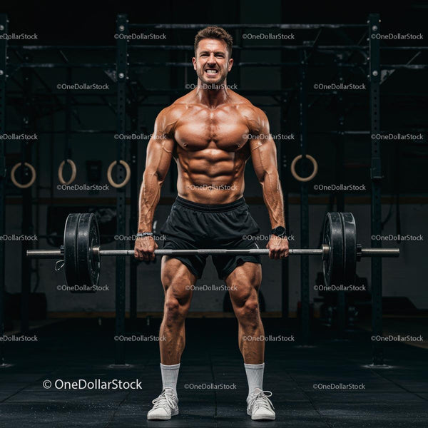 Muscular Man Deadlifting in Intense Gym Setting