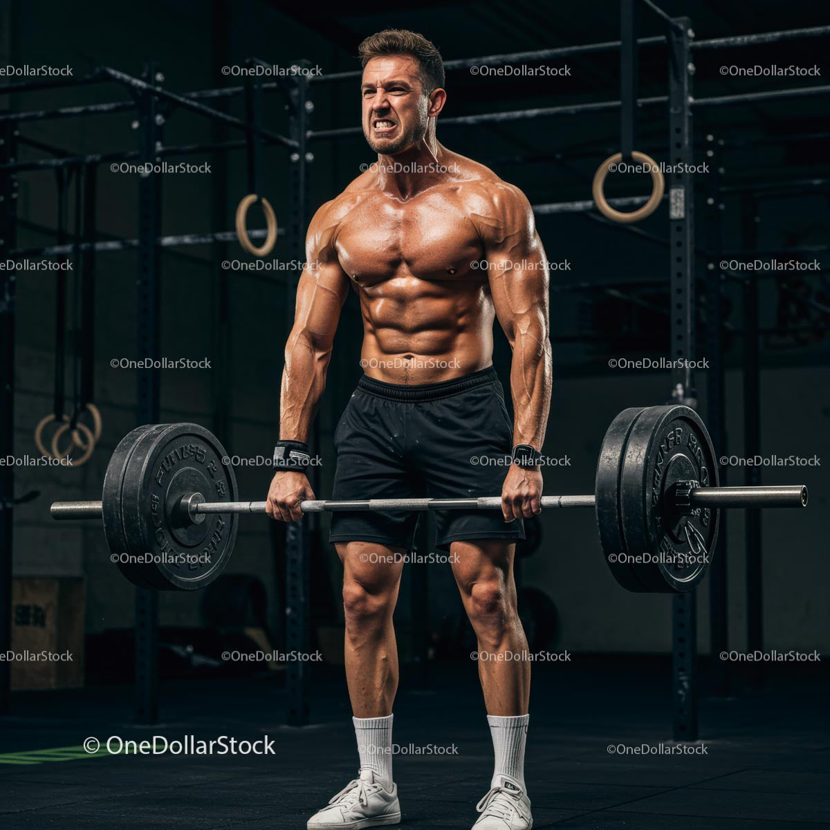 Muscular Athlete Lifting Heavy Barbell in Gym Setting