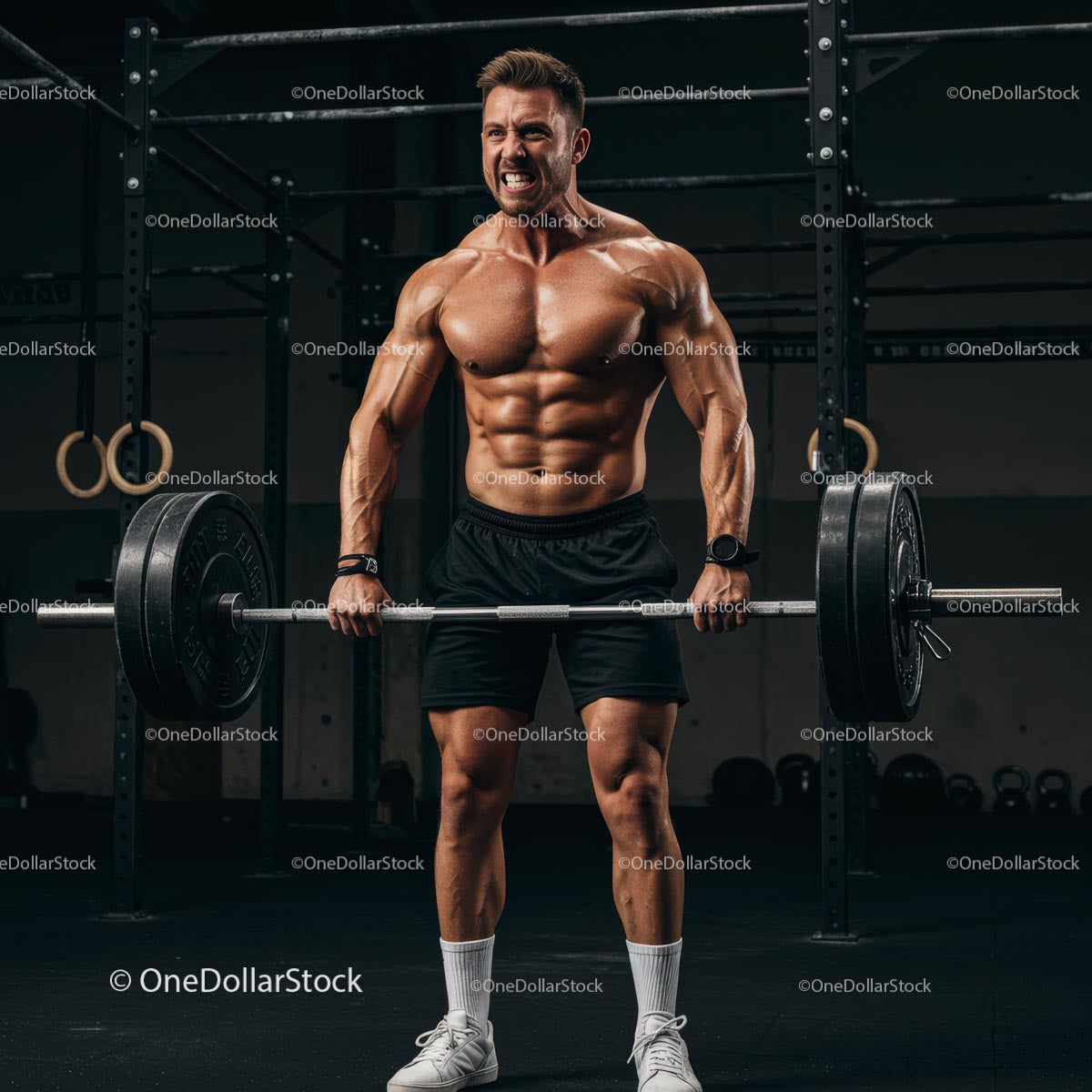 Muscular Man Performing Deadlift in Gym Setting
