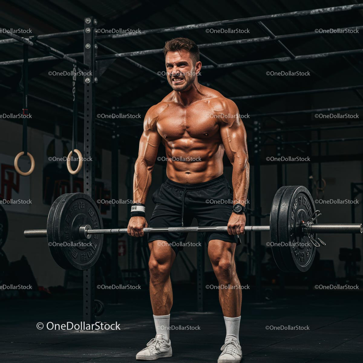 Muscular Man Lifting Weights in a Gym Setting