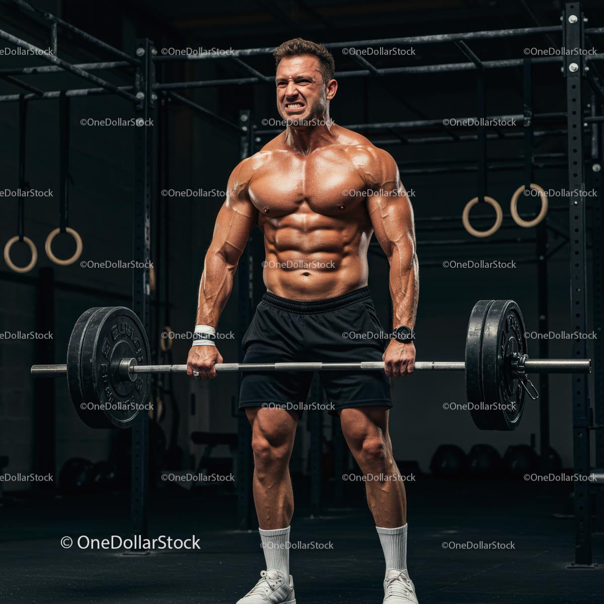 Muscular Man Lifting Heavy Barbell in Gym