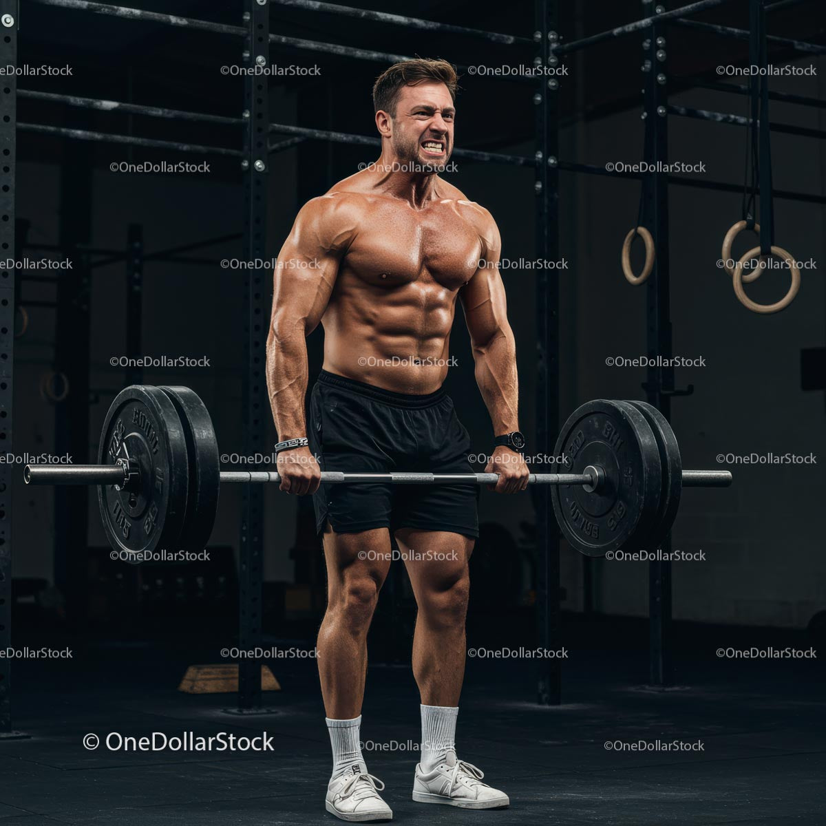 Muscular Man Lifting Heavy Barbell in Gym