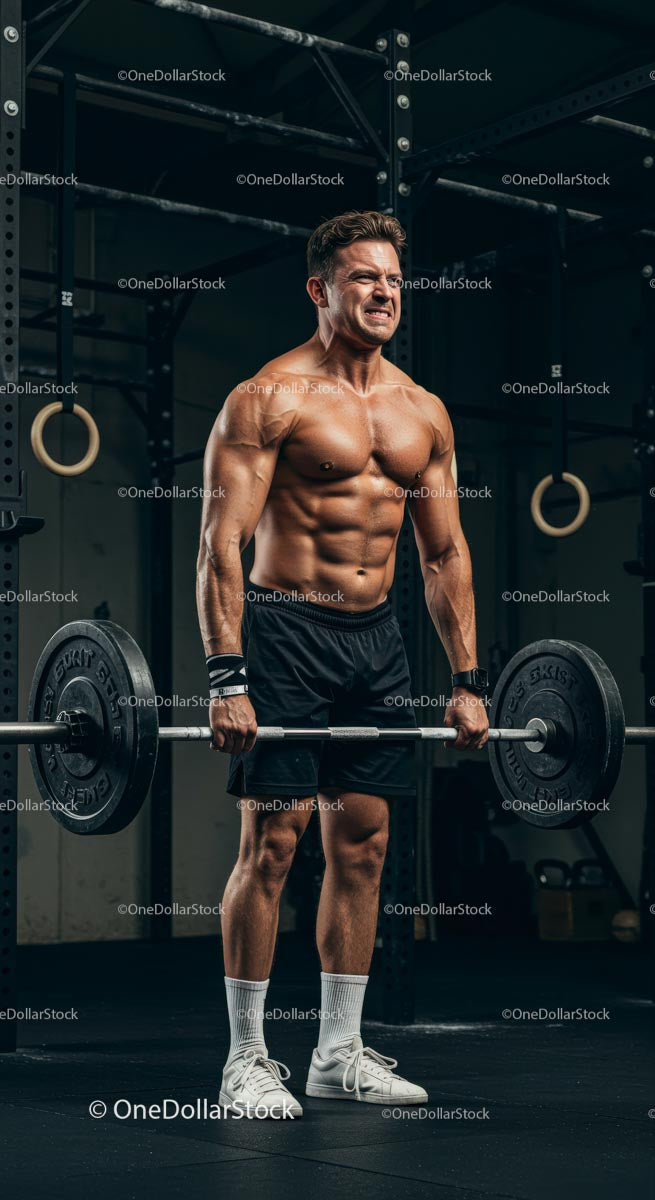 Muscular Man Lifting Barbell in Intense Gym Workout