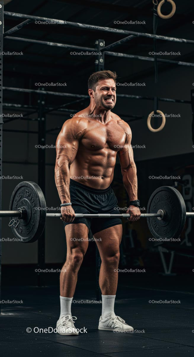 Muscular Man Powerlifting in Gym with Intensity