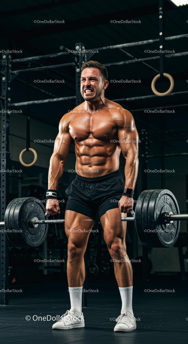 Muscular Man Powerlifting Heavy Barbell in Gym