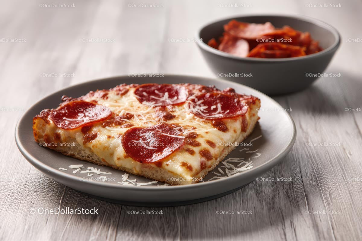 Kawałek pizzy pepperoni na szarym talerzu