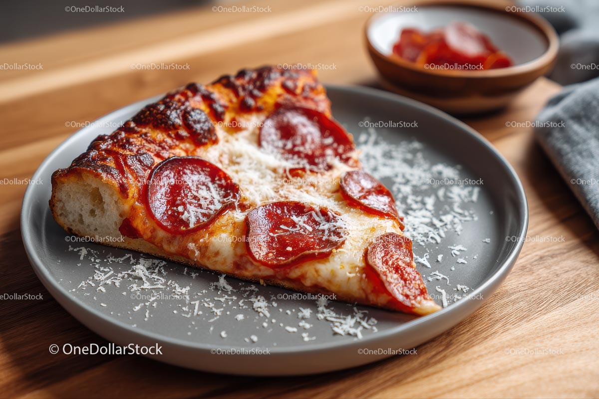 Pepperoni Pizza Slice with Grated Cheese on Gray Plate