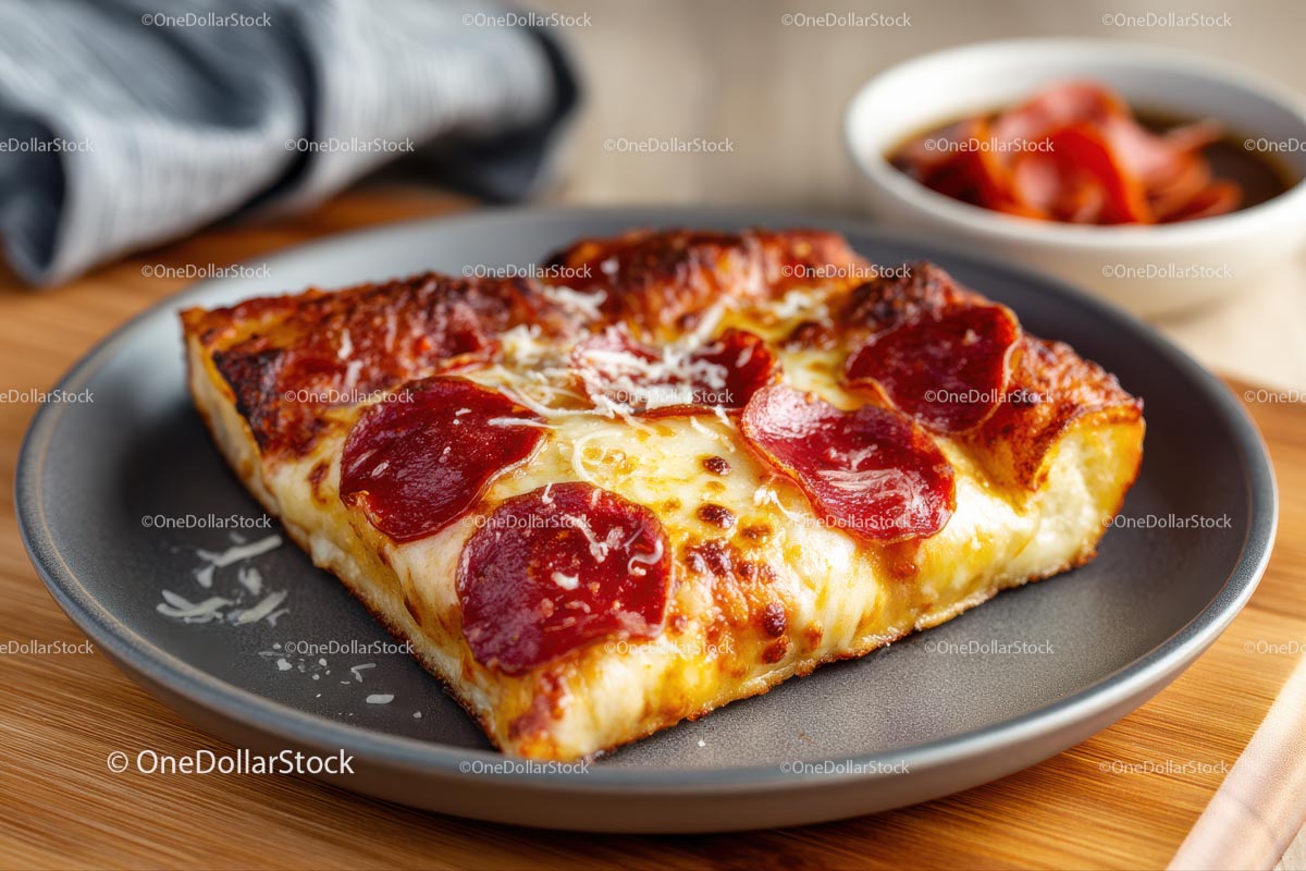 Pepperoni Pizza Slice on a Gray Plate