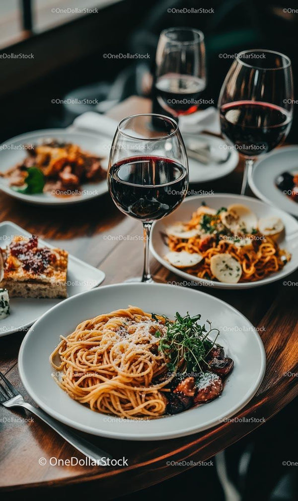 Italian Pasta with Red Wine in Elegant Restaurant Setting