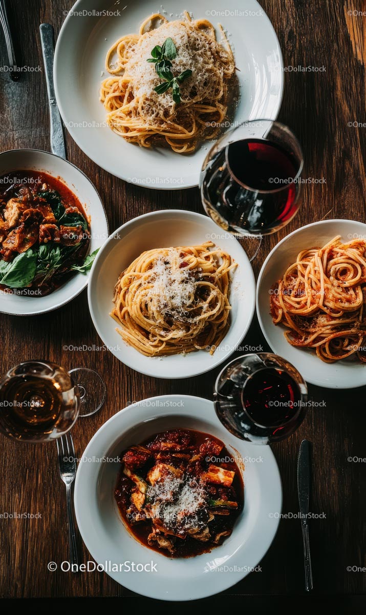 Assorted Gourmet Pasta Dishes with Red Wine