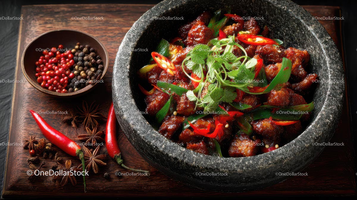 Spicy Asian Cuisine in Stone Bowl with Fresh Herbs