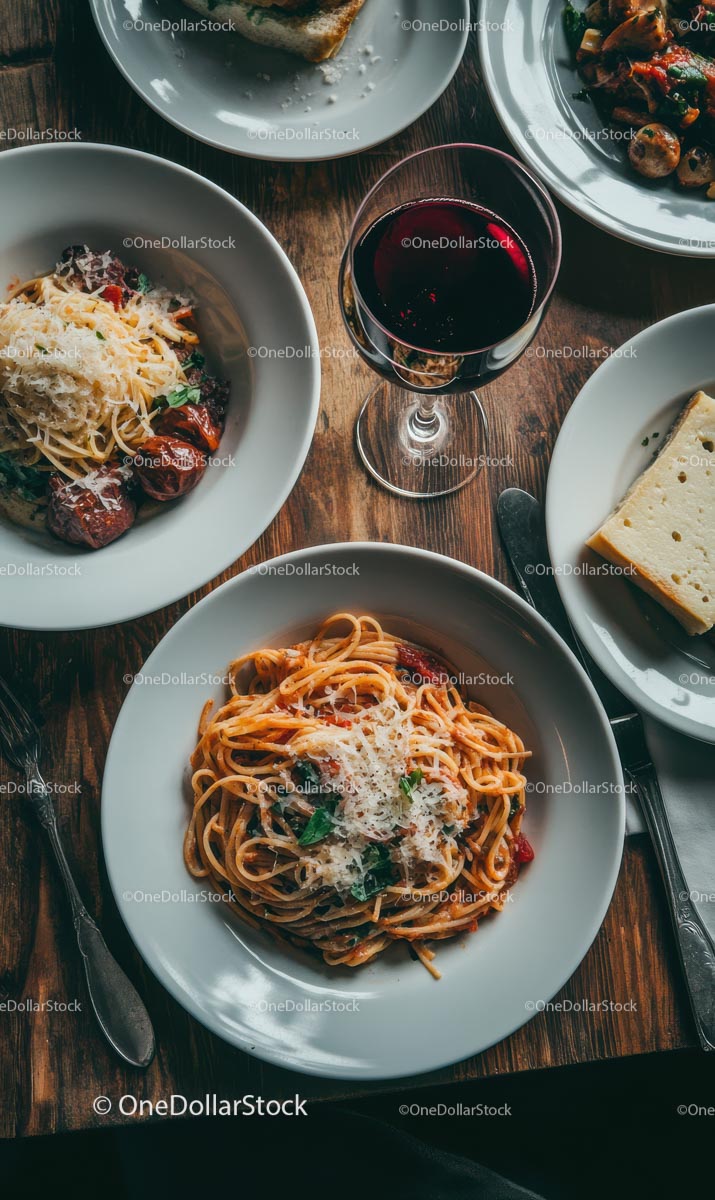 Spaghetti and Wine on a Rustic Wooden Table