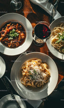Delicious Italian Pasta and Red Wine on Rustic Table