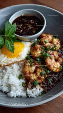 Asian Shrimp with Fried Egg and Rice in a Gourmet Bowl