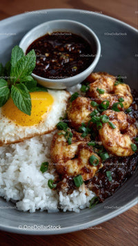 Asian Shrimp with Fried Egg and Rice in a Gourmet Bowl