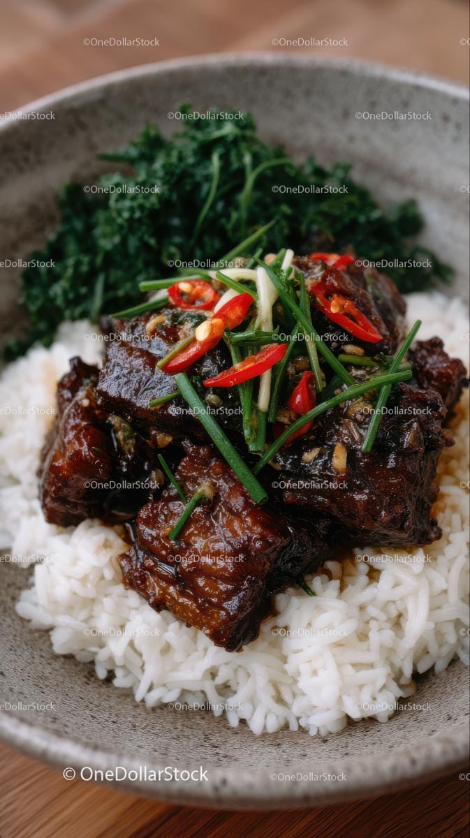 Savory Slow-Cooked Beef on Fluffy Rice with Fresh Vegetables
