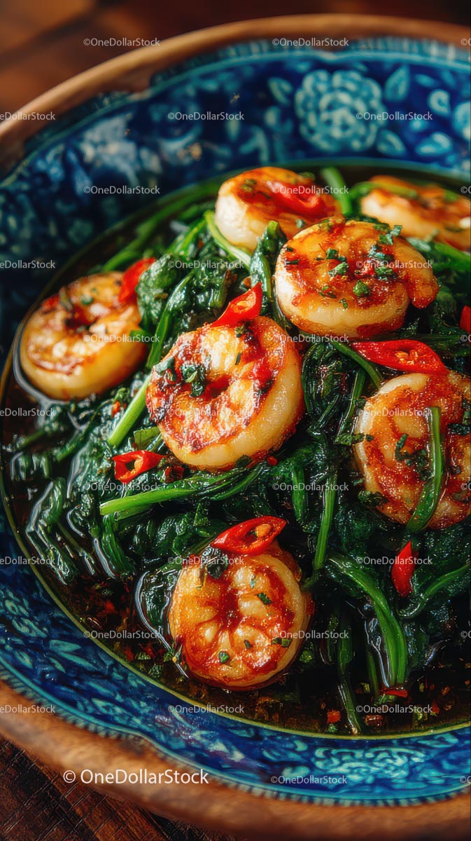Sauteed Shrimp with Spinach and Chili Garnish
