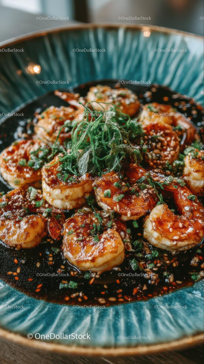 Glazed Shrimp with Green Garnish on Elegant Plate